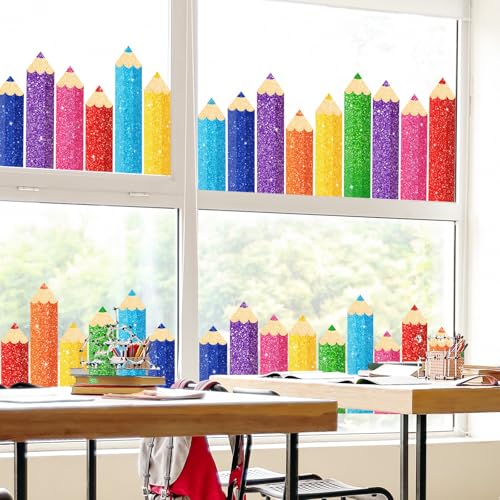 Image of Whaline 9 Sheet Back to School Colorful Glitter Pencil Window Clings Sparkly Rainbow Pencil Reusable Window Decals for First Day of School Home Nursery Classroom Decor