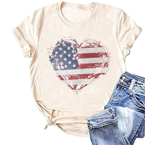 Patriotic Shirts for Women USA American Flag Heart Print Graphic