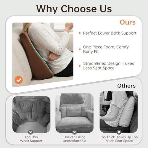 Image of Vekkia Lumbar Support Pillow for Recliner, Ergonomic Back Support for Couch - Improve Posture, Relieve Back Pain for Long Sitting & Elderly, for Armchair & Sofa, Removable Cover, Brown