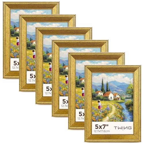 TWING 5x7 Gold Picture Frames Set of 6,Rustic Gold Frames Display Pictures 4x6 with Mat or 5x7 Without Mat,Tabletop Display and Wall Mounting Home Collage Photo Frame,Set for Wall Gallery