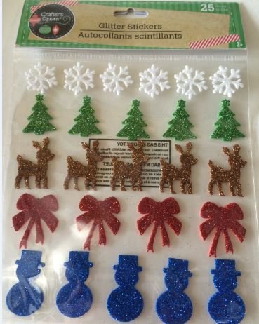 Crafter&#x27;s Square Colorful Dimensional Reindeer Tree Red Ribbon Snowman Snowflake Embellishment Glitter Scrapbook Stickers, 25 Count