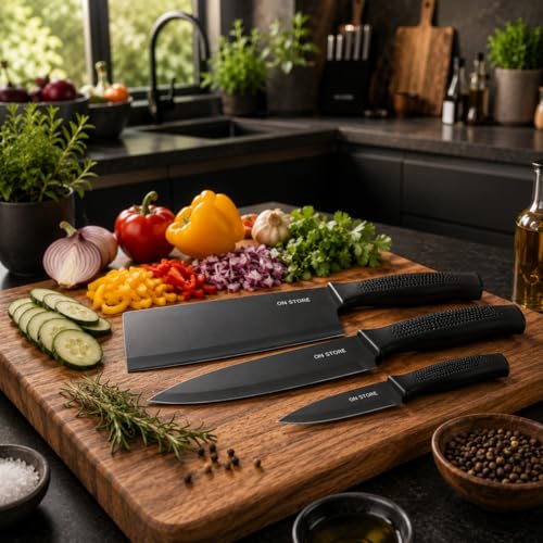 Image of ON STORE Kitchen Knife Set 3 Pcs - Ultra Sharp Stainless Steel Chef Knives with Ergonomic Non-Slip Handle - Professional Cooking Knife Set for Home & Kitchen Use