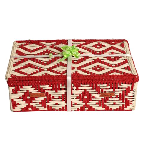 Image of Kaahira Handmade Decorative Storage Box and Organiser | Macrame Gift Hamper Box for Cosmetics, Toiletries & Return Gifts | Aesthetic Rope Woven Organizer (Red and White, Large - 14x10x4 inches)