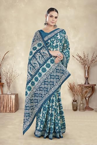 Image of TAMAIRA FASHION Mulmul Pure Cotton Saree For Woman Floral Batik Printed |Office Wear Daily Wear Sarees For Women Without Blouse Piece (Available in 16 Colours)