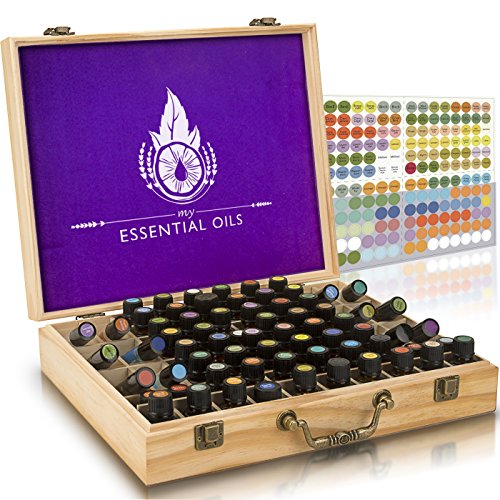 Essential Oil Wooden Box - Storage Case with Handle. Holds 68 Bottles and Roller Balls. Natural Pine Wood. Large Organizer Best for Keeping Your Oils Safe. Includes Padding and EO Labels