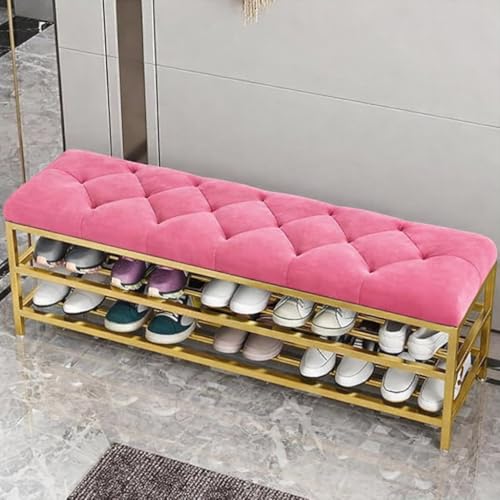 Image of Entryway Shoe Rack with Cushioned Seat, Shoe Bench for Entry, 2 Shelves Storage Bed Bench
