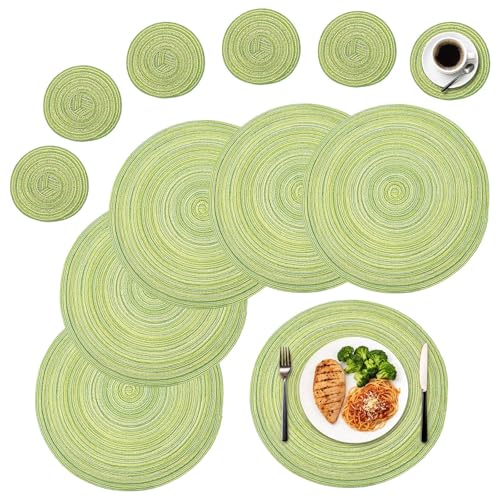 Set of 6 Premium Woven Placemats and Coasters, Heat-Resistant & Non-Slip Braided Table Mats for Kitchen Dining Table, Easy Clean Placemat Set for Home, Restaurant (Green, Set of 6 with coasters)