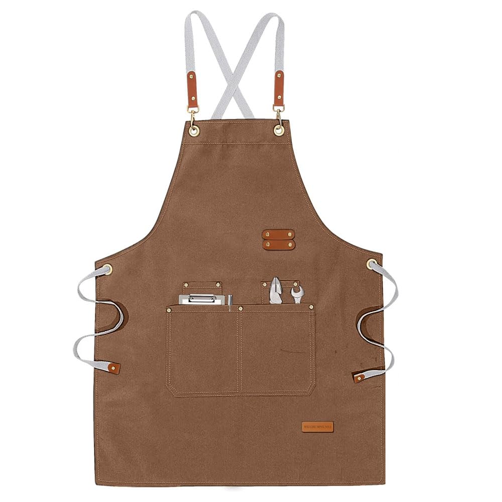 Canvas Apron with 3 Pockets, Cleaning Supplies Chefs Apron Cross Back with Adjustable Strap for Women Men Unisex for Home Work Kitchen Restaurant Coffee Bake Gardening BBQ Painting (Light Coffee)