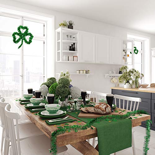 WILLBOND 4 Pieces St. Patrick\'s Day Green Tinsel Garland Include Shamrock Wreath, Wire Garland and Leprechaun Hat for Irish St Patrick Party Favor Home Wall Decorations