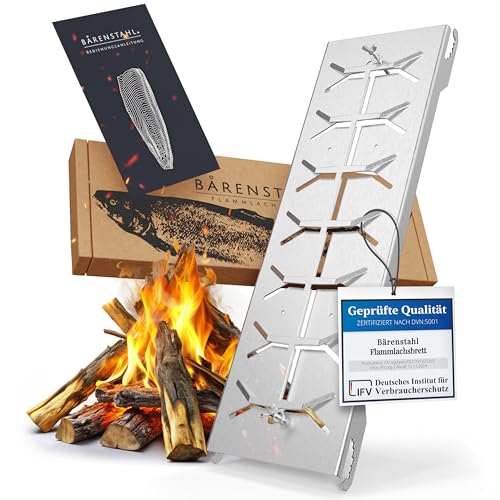 Bärenstahl Flammlachsbrett – Flammlachsbretter mit Halterung – Feuerfest aus Edelstahl geeignet für Feuerschalen und Kugelgrill – Made in Germany