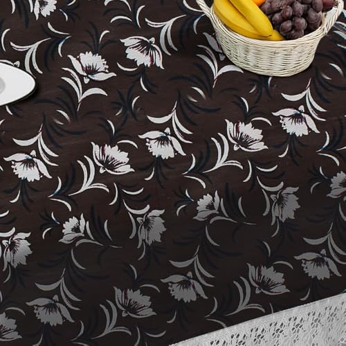 Image of The Furnishing Tree Waterproof PVC Rectangle Shaped 8 Seater Table Cover WxL 60x108 inches Floral Pattern Dark Brown with White Border lace