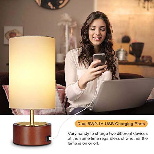 USB Table Lamp, Boncoo Bedside Touch Control Lamp with 2 USB Charging Ports, Dimmable Minimalist Solid Wood Nightstand Lamp Round Fabric Shade for Bedroom Dresser Living Room, A19 6W LED Bulb Included - Thumbnail 5