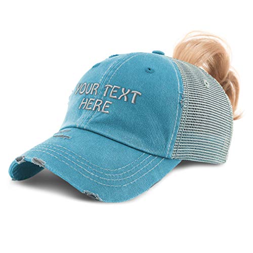 Womens Ponytail Cap Custom Personalized Text & Name Distressed Moms Trucker Hats Turquoise