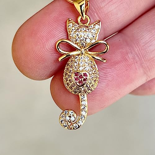 Dainty 18k Gold Plated Cubic Zirconia Cat Purse Charm, Small Cute Backpack Zipper Pulls, Unique Pretty Pink Heart Handbag Jewelry, Tiny Keychain Charms3