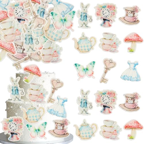 Ephlyn 63Pcs Edible Wonderland Cupcake Toppers Tea Party Cake Decorations Edible Butterfly Flower Bowl Key Clock Eat Me Cupcake Picks for Tea Party Baby Shower Birthday Party Supplies Multi 1