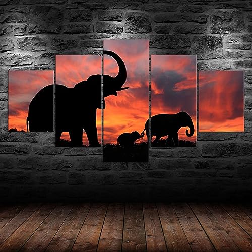tableau multi panneau 5 parties Silhouette d'éléphant avec un beau paysage de coucher de soleil tableau imprimé sur toile,tableau imprimé xxl,tableau deco...