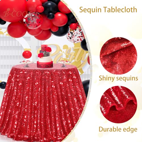 Image of B-COOL Red Sequin Tablecloth Round Table Decor - 120 Inch Sequence Fabric Decoration for Grilling Themed Party Buffet Baby Shower Christmas