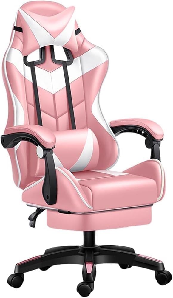 Ergonomic Gaming Office Chair Adjustable Height Upholstered Desk Chair with Headrest Footrest High Back Swivel Computer Armchair for Study Home Workspace(Pink)