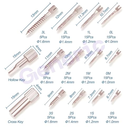 Image of Dental Titanium Steel Alloy Screw Post Root Canal Pin Conical Core Crown 120 Pcs Kit with 12 Sizes, 2 Keys & 2 Drills for Post Core Restoration