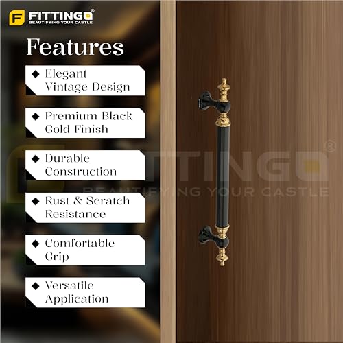 Image of Vintage Royal Main Door Handle | 8 Inch Premium Pull Push Handle for Home, Office, Hotels & Villas | Stainless Steel Black & Gold Antique Finish |Hole to Hole 200mm | 3 Years Warranty