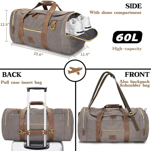 60L Travel Bags for Men, Nomad Canvas Duffle Bag Vintage Genuine Leather Travel Duffel Bag Multifunctional Weekender Overnight Backpack with Shoes Compartment (Grey, X Large-60L)3