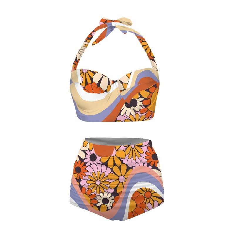 Butterfly Women's Retro Ruched Ruffle High Waist Bikini Set, Flag Tankini Swimsuits Tummy Control Swimwear