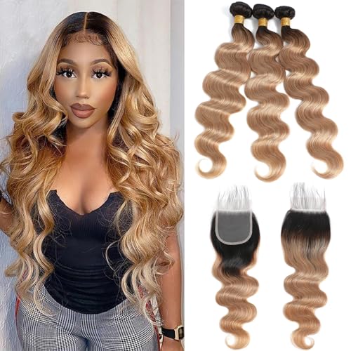 Image of 16A Ombre Body Wave Bundles Human Hair with Closure (T1B /27,16 18 20+14 inch) 100% Unprocessed Virgin Brazilian Ombre Highlight Body Wave Human Hair Weave 3 Bundles with Closure