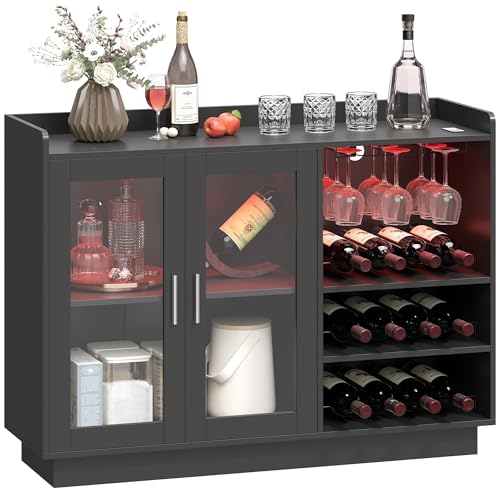 HOMCOM Mueble de Bar, Armario Buffet para Vinos con Luces LED RGB y Botellero para 12 Botellas, Aparador de Cocina con Estante Ajustable y Puertas de Cierre Suave, para Comedor, Salón, Negro