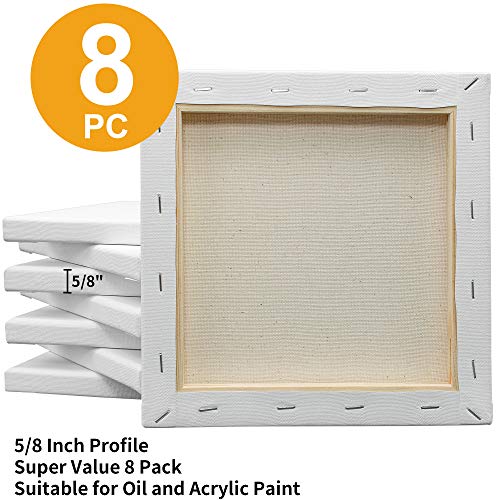 Image of FIXSMITH Stretched White Blank Canvas- 8x8 Inch,8 Pack,Primed,100% Cotton,5 /8 Inch Profile of Super Value Pack for Acrylics,Oils & Other Painting Media.