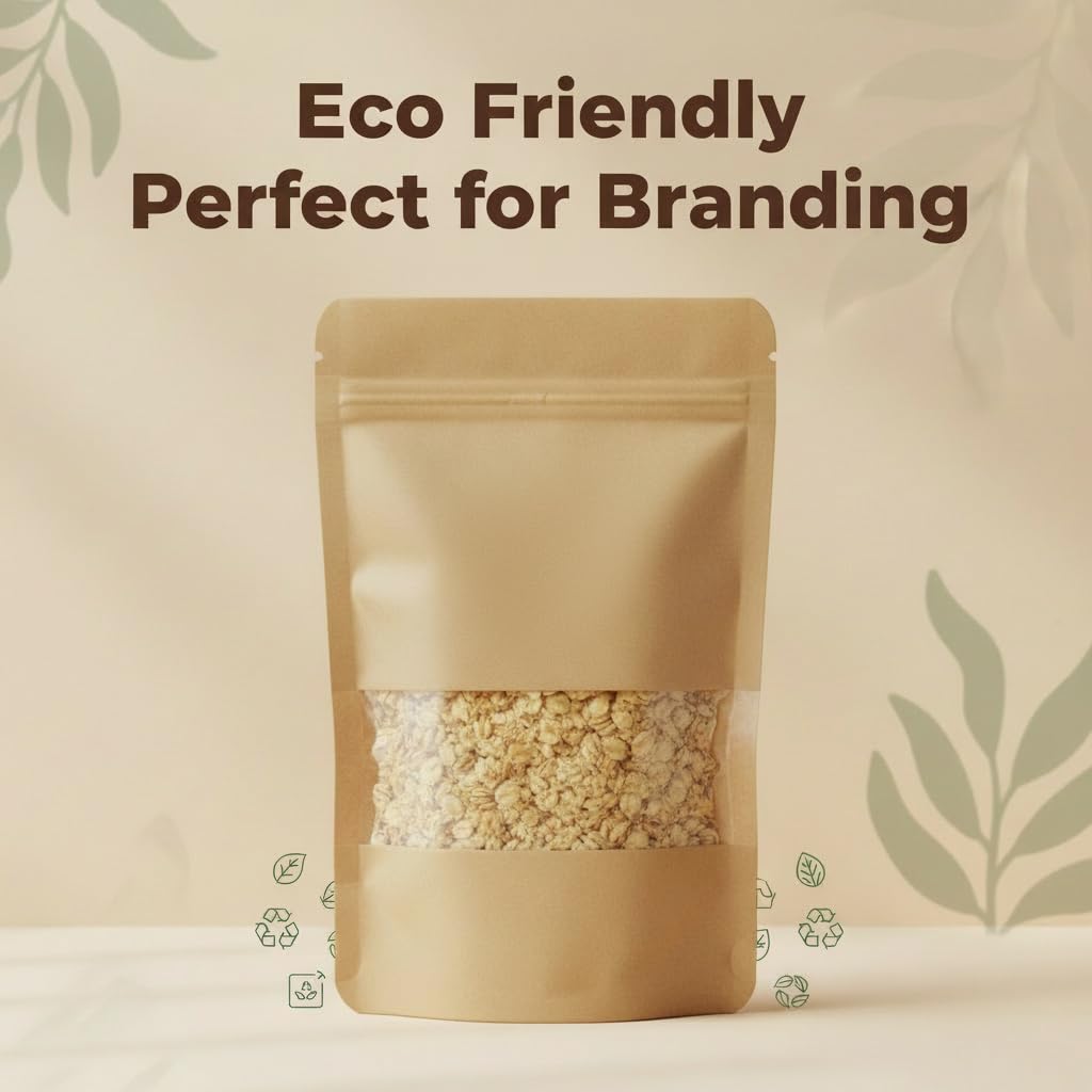 Khaana Packaging Brown Kraft Paper Zip Lock Stand Up Pouches 500 g (9X6") | Pack of 100 | Transparent Rectangle Window | Air Tight Self Sealing | Water Proof & Oil Proof | Reusable Food Storage Bags 2