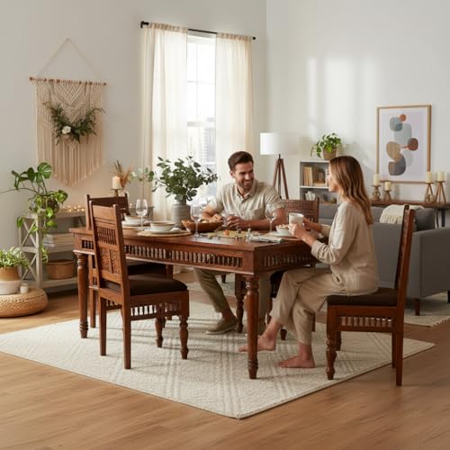 Image of APRODZ Solid Sheesham Wood Dining Table Set of 4 Seater Dinner Dinning Table with 4 Chair for Dining Furniture for Living Room Home Hotel Office Self Assembly (Honey Finish)