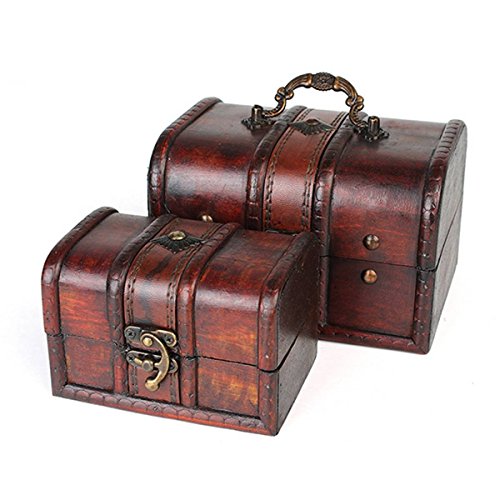 LuckyFine Vintage Wood Lock Jewelry Storage Box Necklace Treasure Storage Organizer Holder