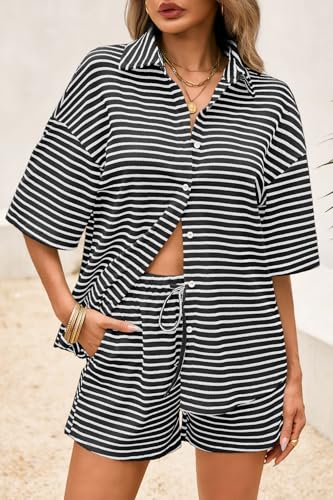 Image of Tankaneo Womens Striped 2 Piece Sets Short Sleeve Lounge Set