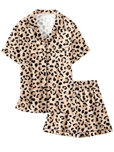 Schbbbta Girls Satin Pajamas Sets 2 Piece Silky PJ Set Short Sleeve Button Down Shirts Sleepwear for Kids，Brown Leopard, 5-6 Years = Tag 130