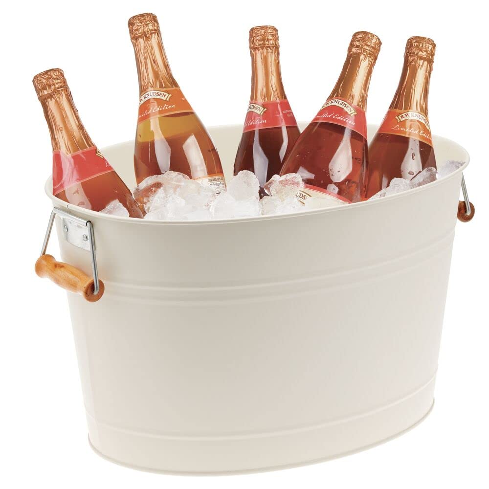 mDesign Seau à champagne décoratif avec poignées en bois - Idéal pour le vin, la bière, le vin mousseux ou les boissons gazeuses - Crème/naturel