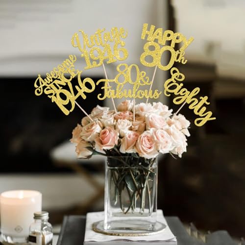 Image of 15 PCS 80th Birthday Centerpiece Sticks Double Sided Eighty Happy 80th Vintage 1946 Table Flower Centerpieces Sticks Cheers to 80 Fabulous Floral Decorations for 80th Birthday Party Supplies Gold