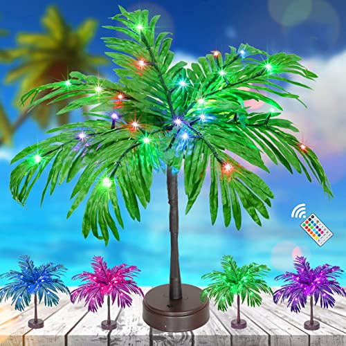 18 Color Changing Lighted Palm Tree Table Decor, 23 in Tropical Artificial Palm Tree Lights Branches Battery USB Powered, LED Mini Palm Tree Table Centerpiece for Luau Summer Hawaiian Party Home