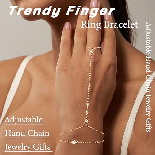 Florideco Gold Hand Chain Bracelets for Women Trendy 2 Piece Adjustable Finger Ring Bracelet Stack Dainty 14K Gold Plated CZ Layered Beaded Hand Chains Jewelry Gifts3