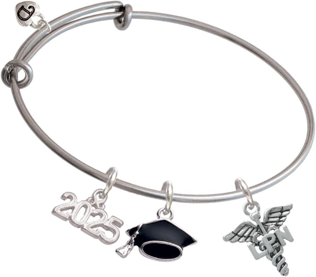 Delight Jewelry Silvertone Nurse Caduceus - Silvertone Class of 2025 Graduation Charm Bangle Bracelet