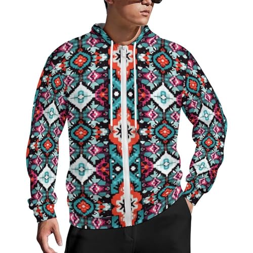 Native American Aztec Men's Zip Up Hoodie Casual Drawstring Hooded Sweatshirt with Kanga Pocket