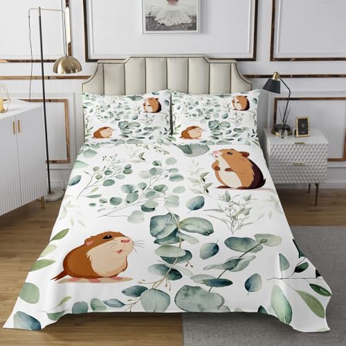 Erosebridal Cartoon Guinea Pig Twin Quilt Set Toddler Pet Animal Coverlet Set, Spring Plant Bedding Set Eucalyptus Leaf Bedspread Set, Hamster Mouse Theme Bed Quilt Kids Room Decor