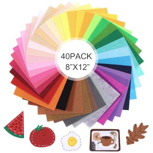 Tiparts 40 Pcs Stiff Felt Fabric Sheet for Crafts 1mm Thick and 8x12 Assorted Color Felt Fabric Sheets for Crafts DIY Handcraft Sewing Squares Patchwork Nonwoven