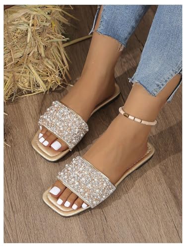 OYOANGLE Women's Rhinestone Flat Sandals Squared Slip on Open Toe Slide Sandals Slippers3