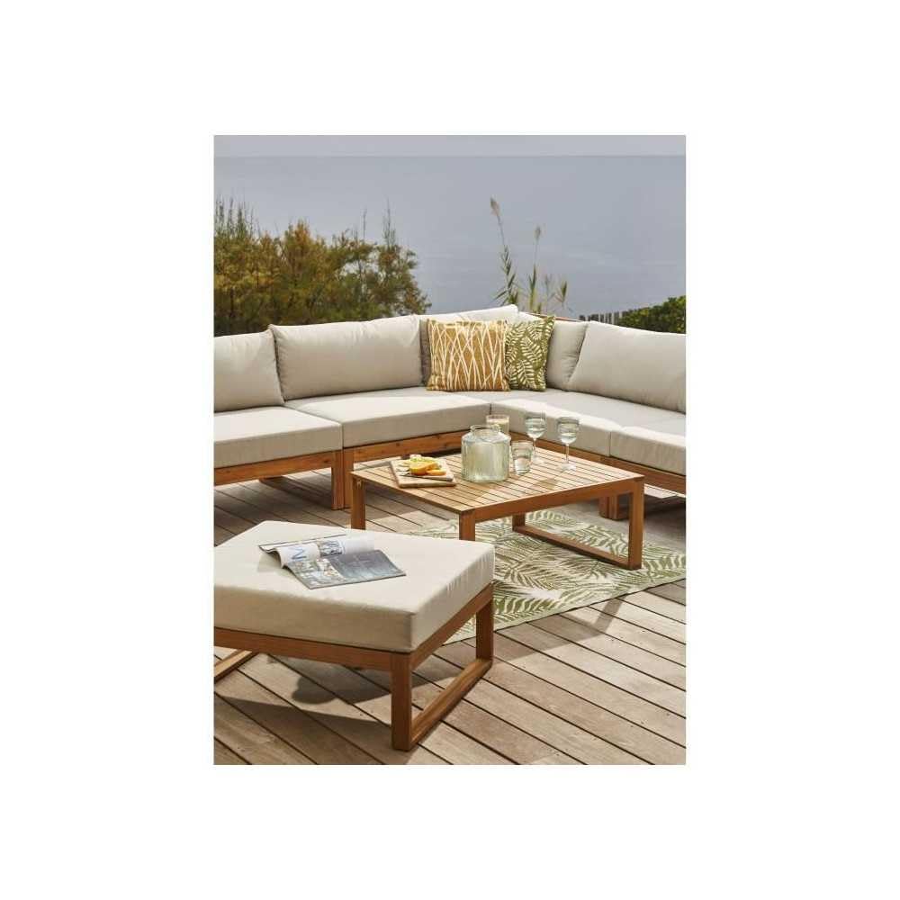 Salon de Jardin LEVATA en Bois dacacia FSC - 6 Personnes avec Ottoman - Coussins Gris et Deux Tons + Housse Incluse