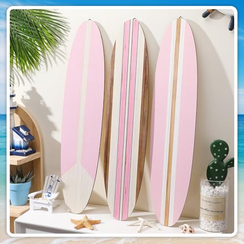 Gerrii 3 Pieces Surfboard Wall Decor 23.6' x 5.4' Preppy Beach Room Decor Aesthetic Large Wooden Cute Beachy Tropical Wall Art for Surfer Bedroom Bathroom Decorations(Pink,Stripe)