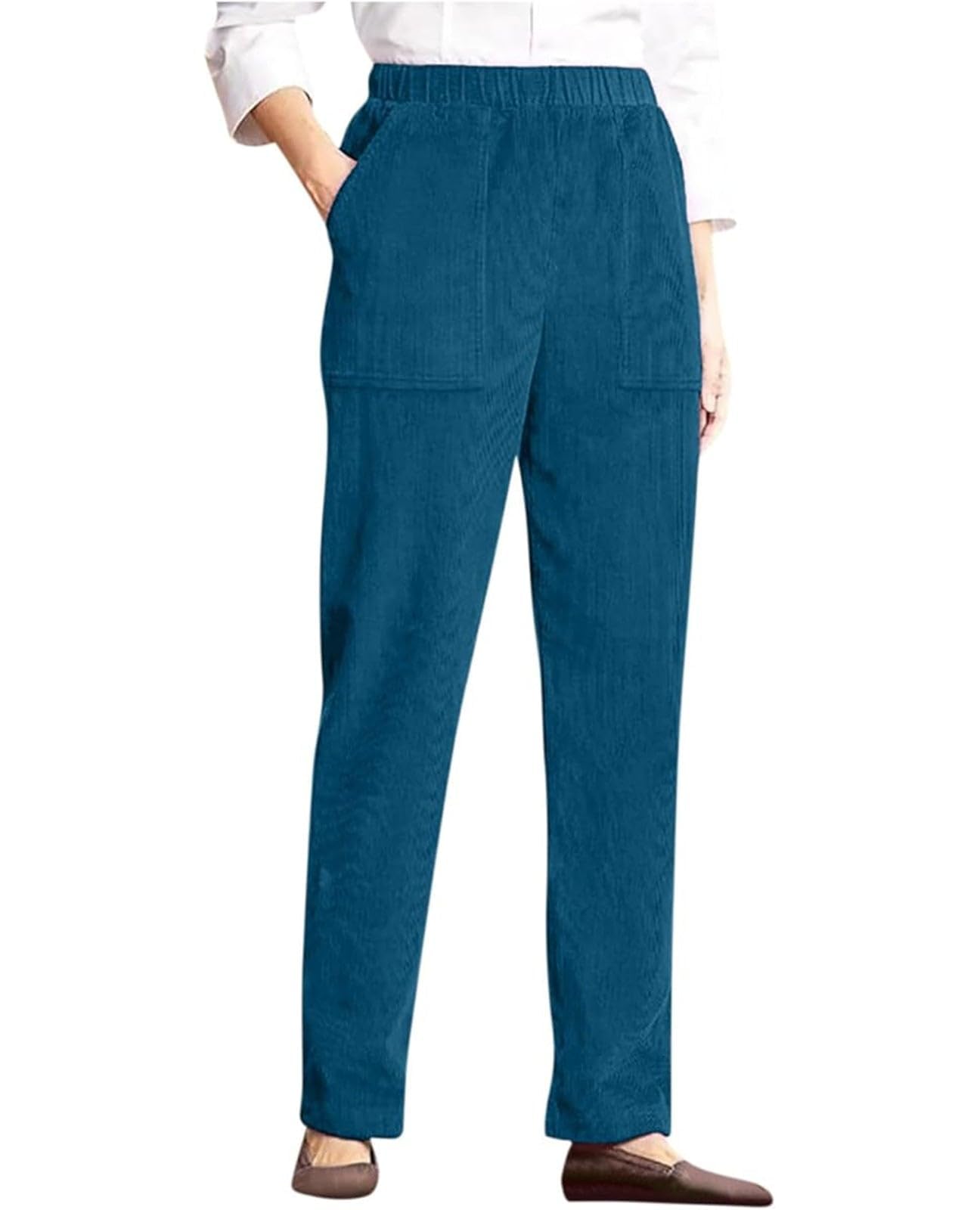 Dark Blue M Corduroy Pants for Women Elastic High Waist Pull On Straight Leg Slacks Casual Comfy Fall