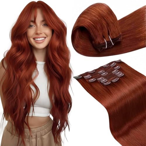 Image of LaaVoo Clip in Hair Extensions Real Human Hair Auburn Brown Clip in Human Hair Extensions 16 Inch Auburn Clip on Extension Full Head 120g 7pcs