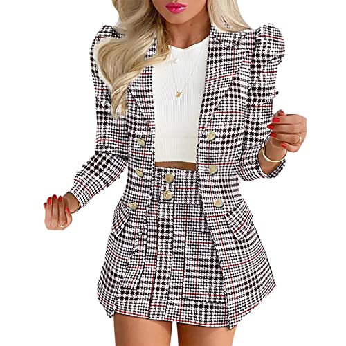 Blazer Sets Women 2 Piece Outfits Fashion Print Jackets Summer Fall Business Casual Coats Short Skirt Suits2