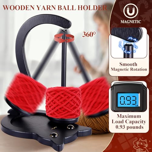 Image of Black Cat Yarn Holder for Crocheting, Wooden Crochet Yarn Holder Magnetic Yarn Spinner with Accessories Storage Anti-Slip Pads,Yarn Ball Holder Crochet Gift for Knitting Lovers with Gift Box Packaging