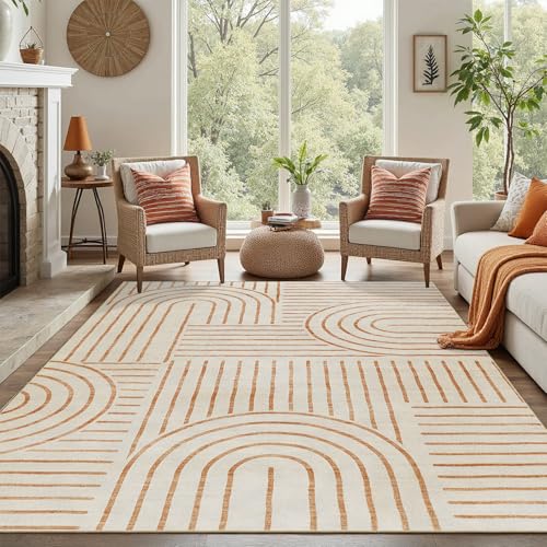 DCX Abstract Machine Washable 5x7 Rug, Orange Modern Accent Rug for Living Room, Soft Low Pile Non Slip Carpet, Kid & Pet Friendly Stain Resistant Rug